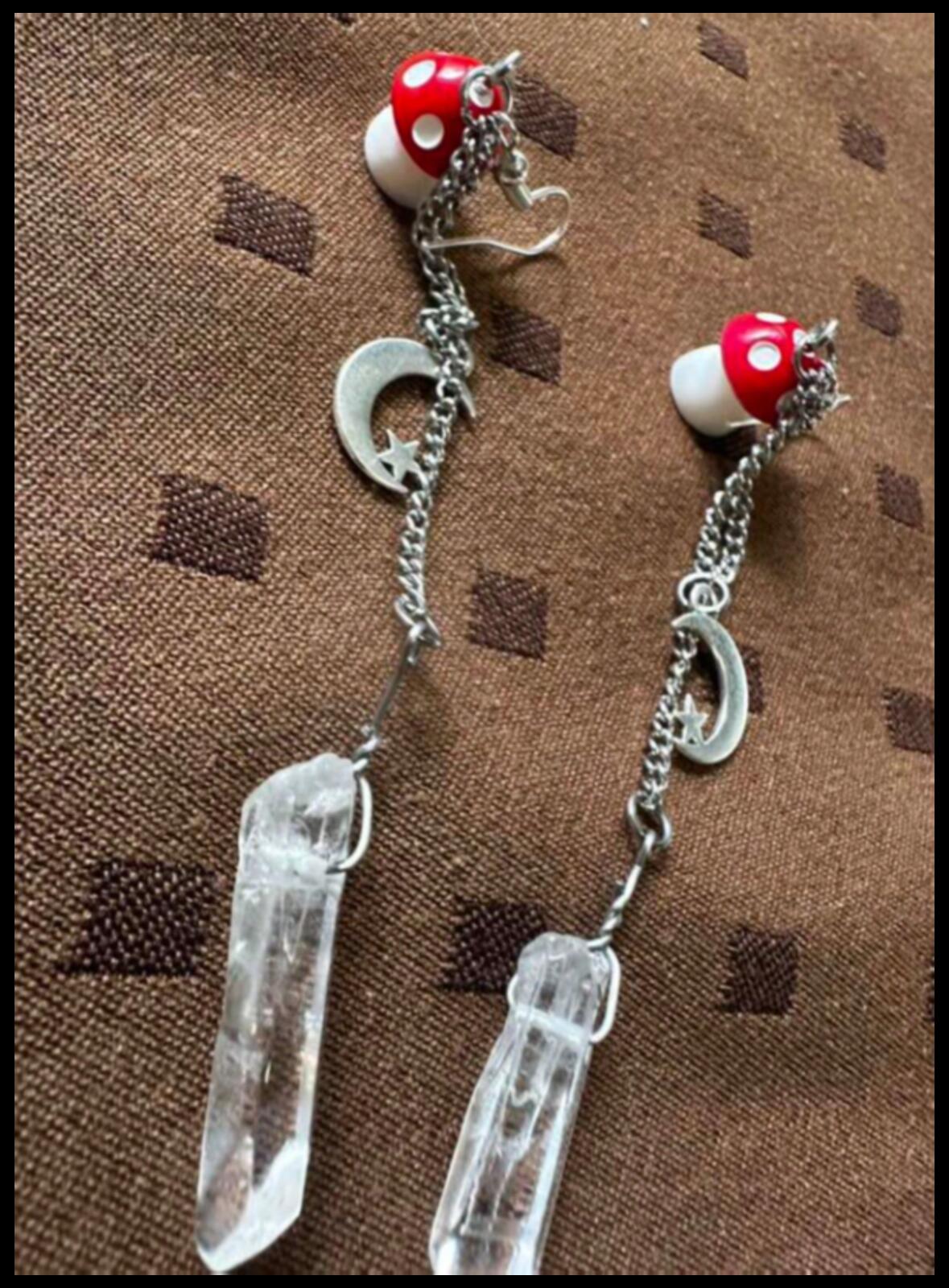 Long red mushroom and crystal - Earrings - Silver - 3"