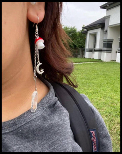 Long red mushroom and crystal - Earrings - Silver - 3"