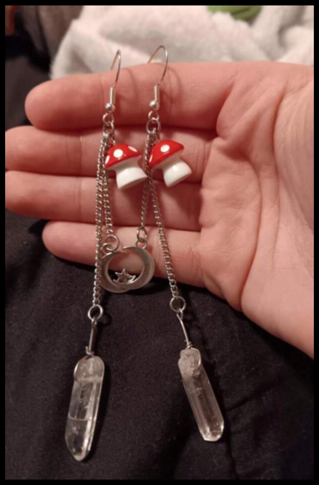 Long red mushroom and crystal - Earrings - Silver - 3"