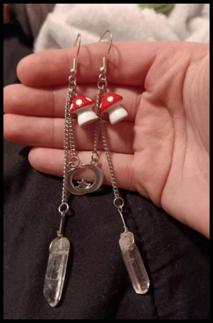Long red mushroom and crystal - Earrings - Silver - 3"