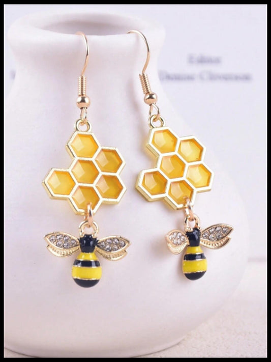Yellow honeycomb and bee - Earrings - Gold - CZs - 1.5"