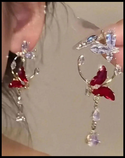 Red butterfly teardrop - Color - Earrings - Gold - CZs - 2.25"