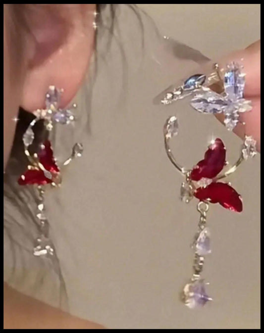 Red butterfly teardrop - Color - Earrings - Gold - CZs - 2.25"