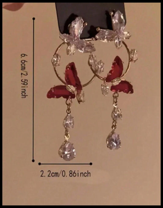 Red butterfly teardrop - Color - Earrings - Gold - CZs - 2.25"