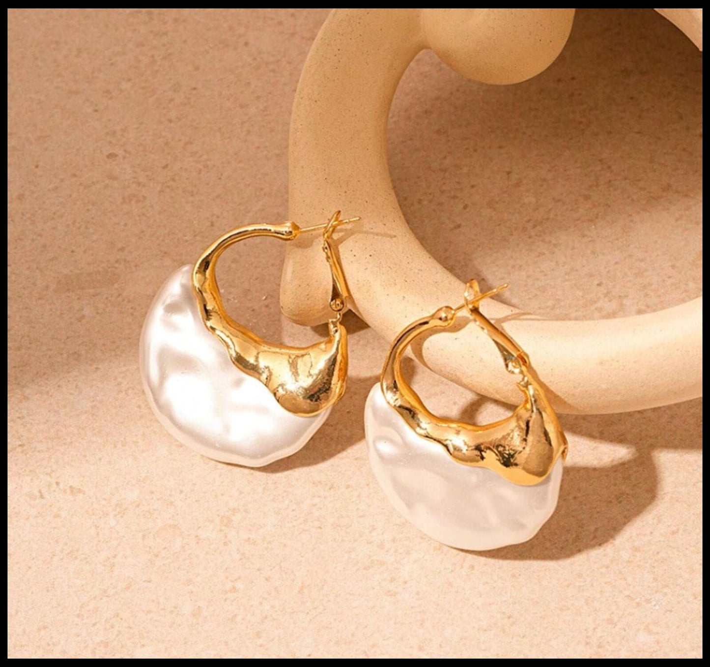Gold drip imitation pearl hoops - Color - Earrings - Gold - 1.5"
