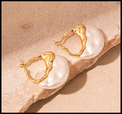 Gold drip imitation pearl hoops - Color - Earrings - Gold - 1.5"
