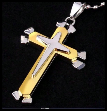 Double layer two tone 2" cross - Necklace - Stainless Steel - 24"
