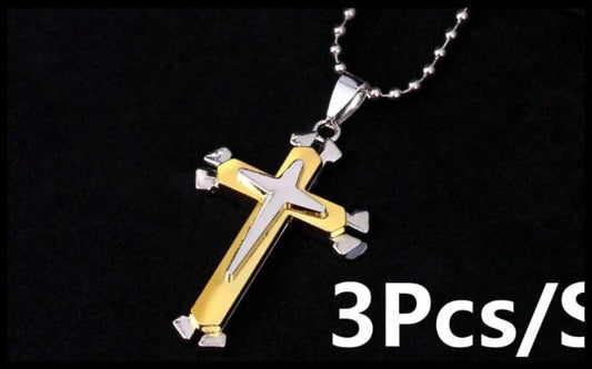 Double layer two tone 2" cross - Necklace - Stainless Steel - 24"