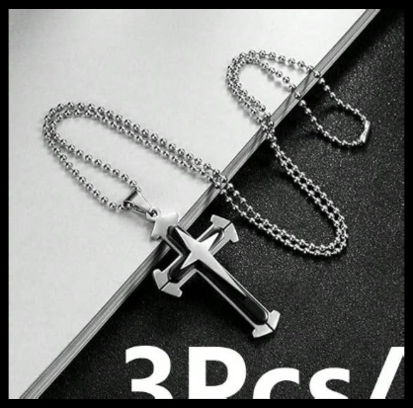 Double layer silver and gray 2" cross - Necklace - Stainless Steel - 24"