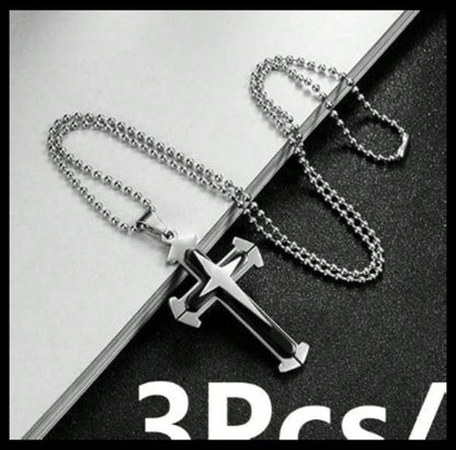 Double layer silver and gray 2" cross - Necklace - Stainless Steel - 24"