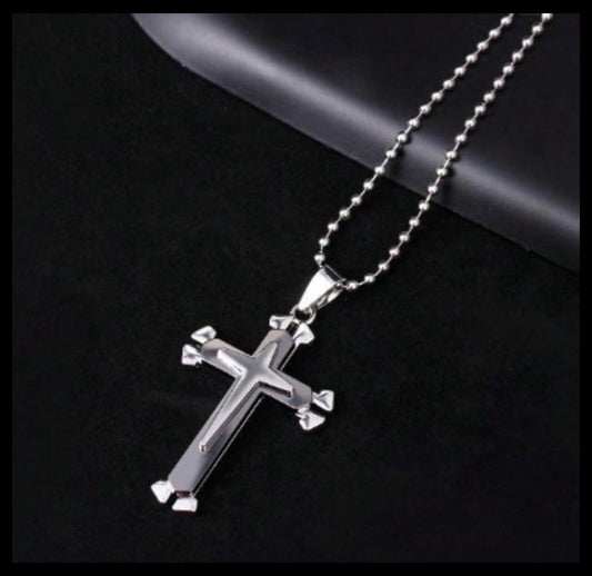 Double layer silver and gray 2" cross - Necklace - Stainless Steel - 24"
