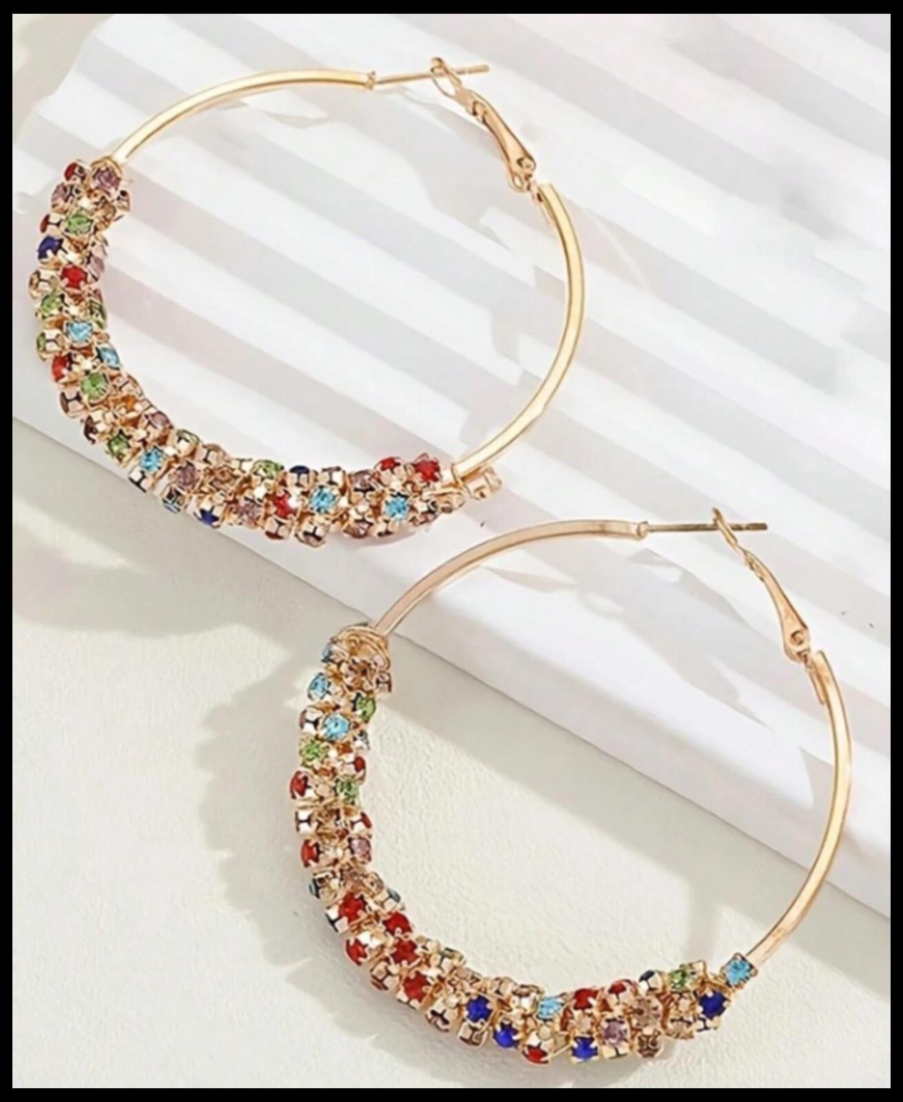 Large multicolor sparkle hoop - Earrings - Gold - CZs - 1.75"