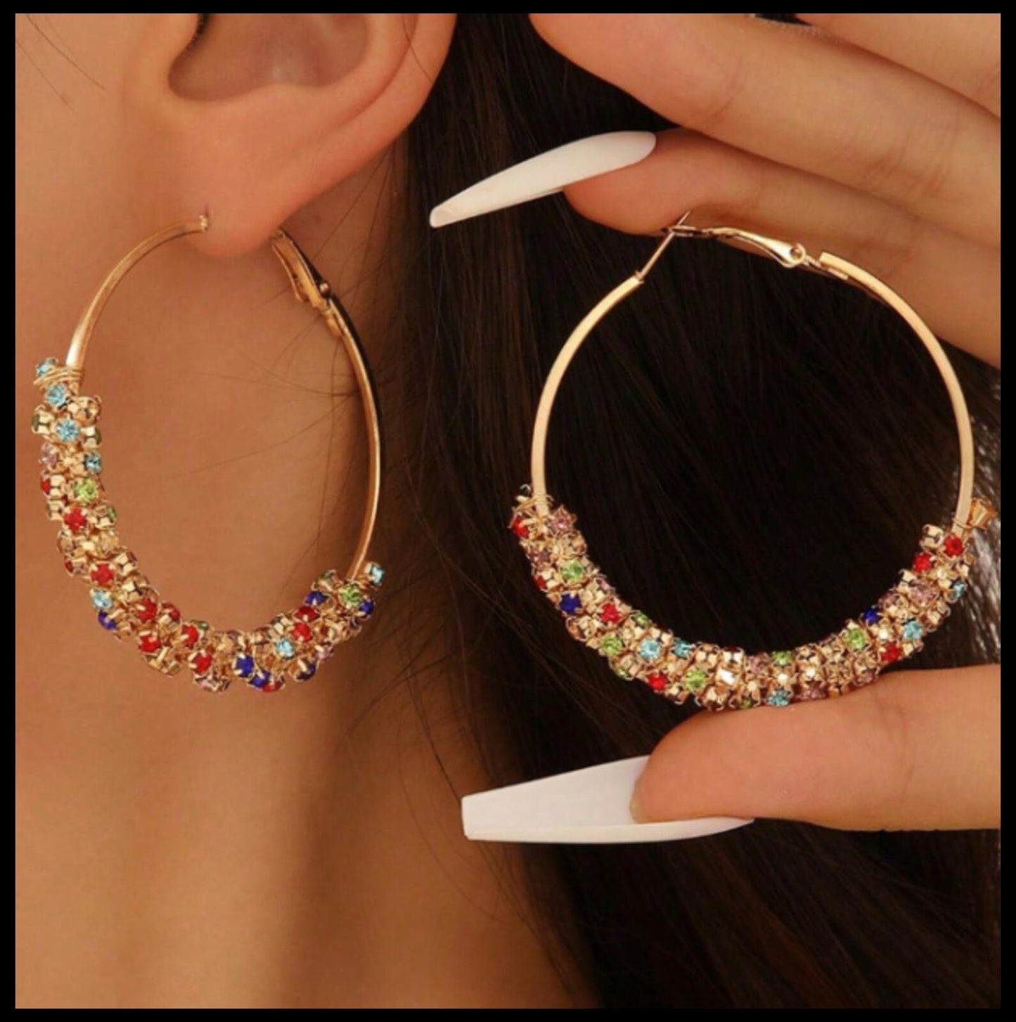 Large multicolor sparkle hoop - Earrings - Gold - CZs - 1.75"