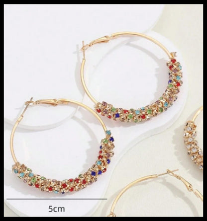Large multicolor sparkle hoop - Earrings - Gold - CZs - 1.75"