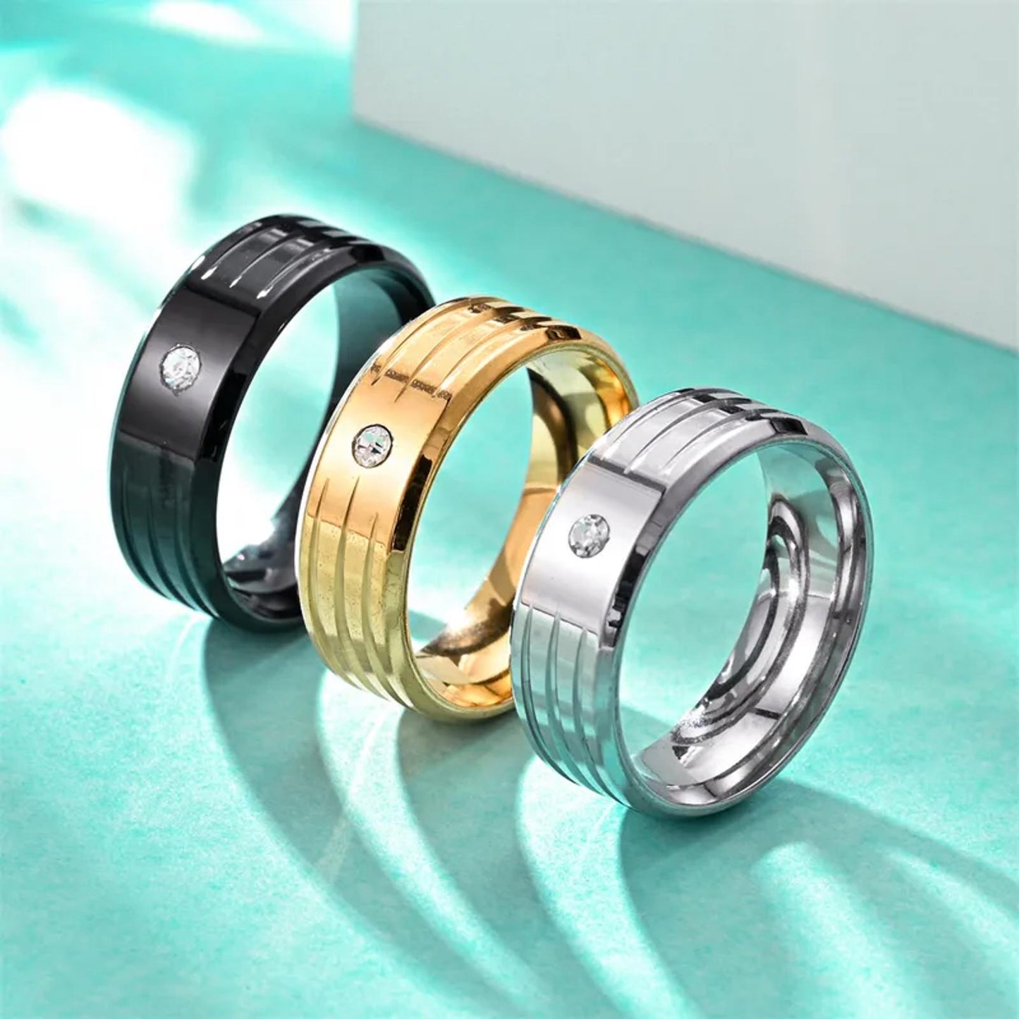 Round accent groove band - Ring - Silver - CZs - Size 8