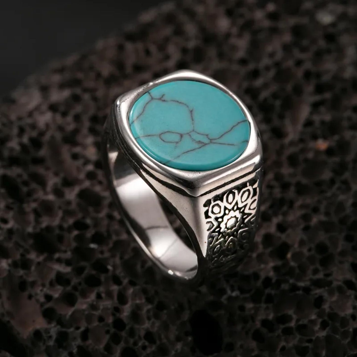 Round turquoise color sun - Ring - Silver - Size 10