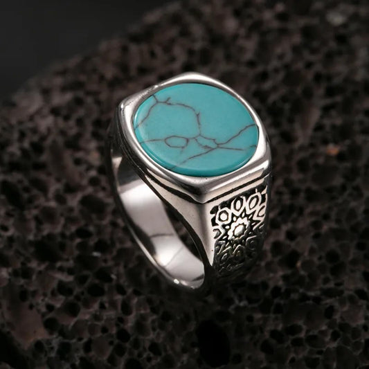 Round turquoise color sun - Ring - Silver - Size 10