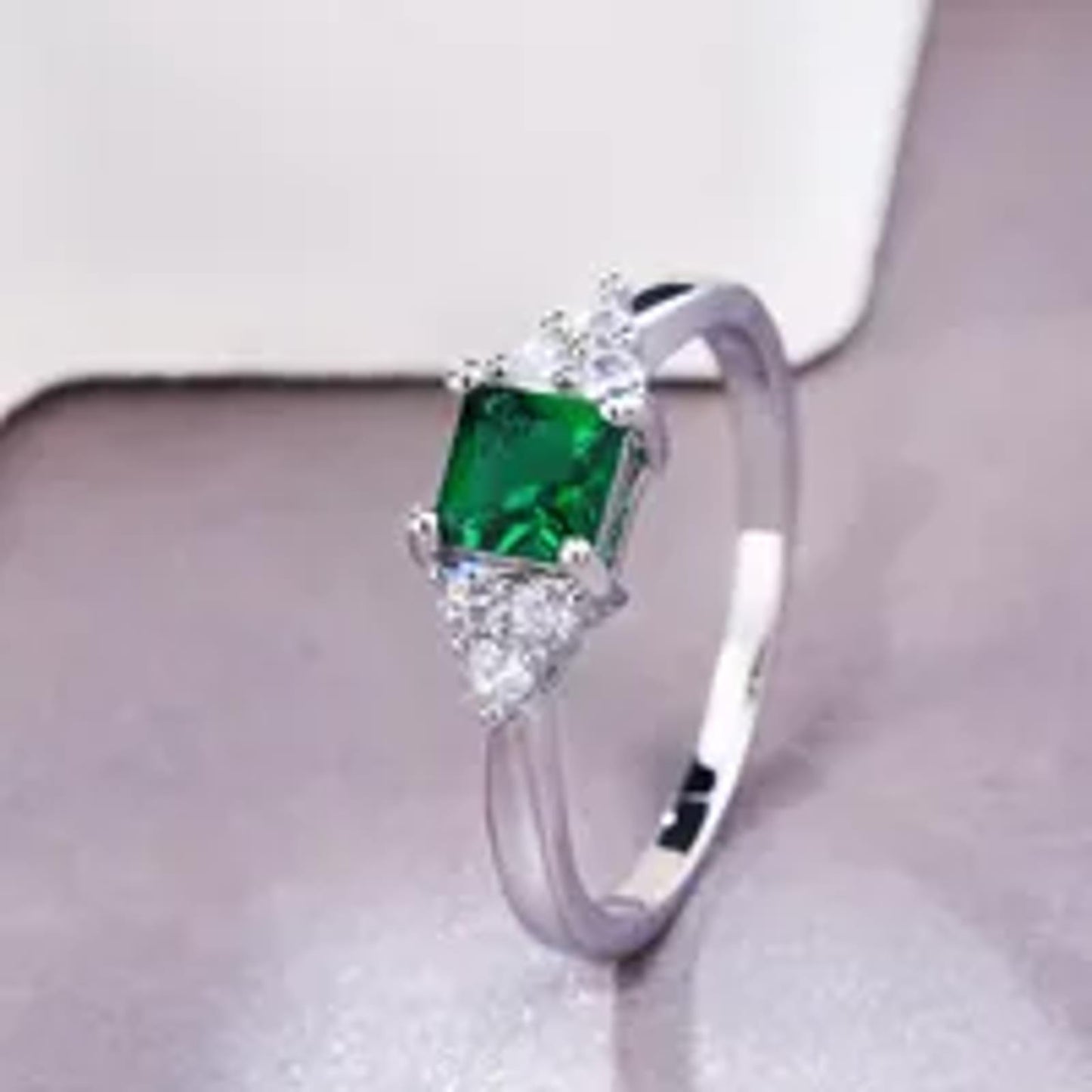 Petite green square accent - Ring - Silver - CZs - Size 6