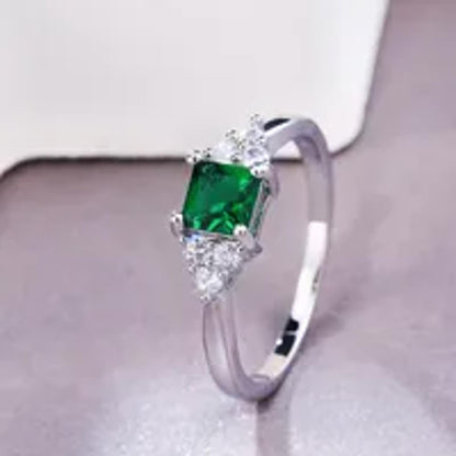 Petite green square accent - Ring - Silver - CZs - Size 7