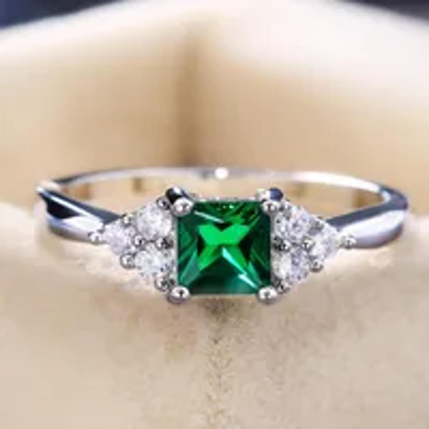 Petite green square accent - Ring - Silver - CZs - Size 7