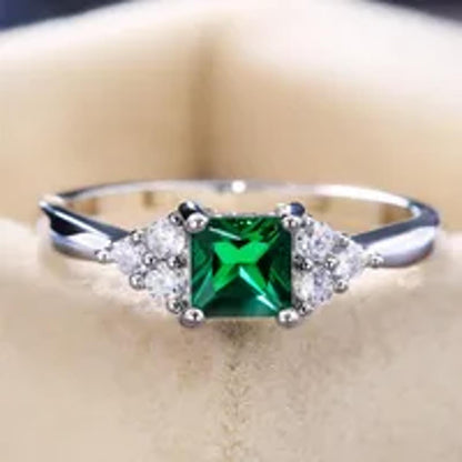 Petite green square accent - Ring - Silver - CZs - Size 7