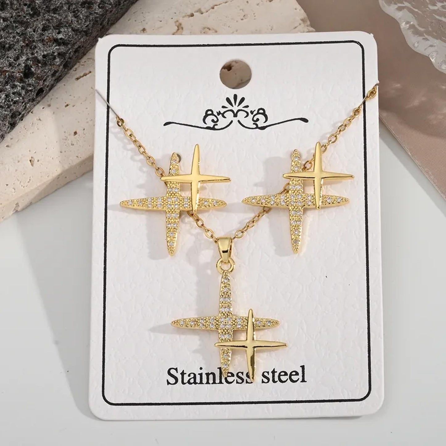 NECKLACE ONLY - double star - Gold - CZs - 18"
