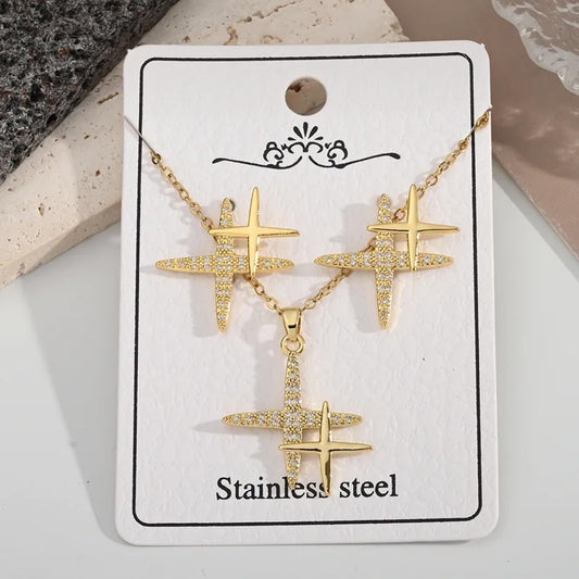 NECKLACE ONLY - double star - Gold - CZs - 18"