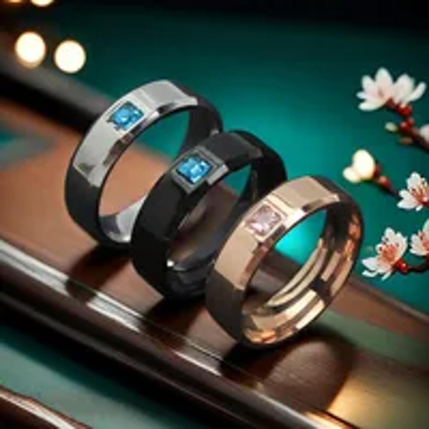 Blue square band - Ring -  Black titanium steel - CZs - Size 9