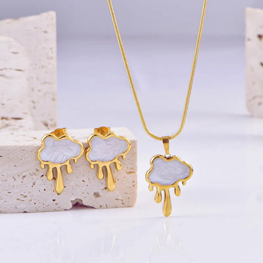White drippy cloud - Necklace/Earring set - Gold - 18"