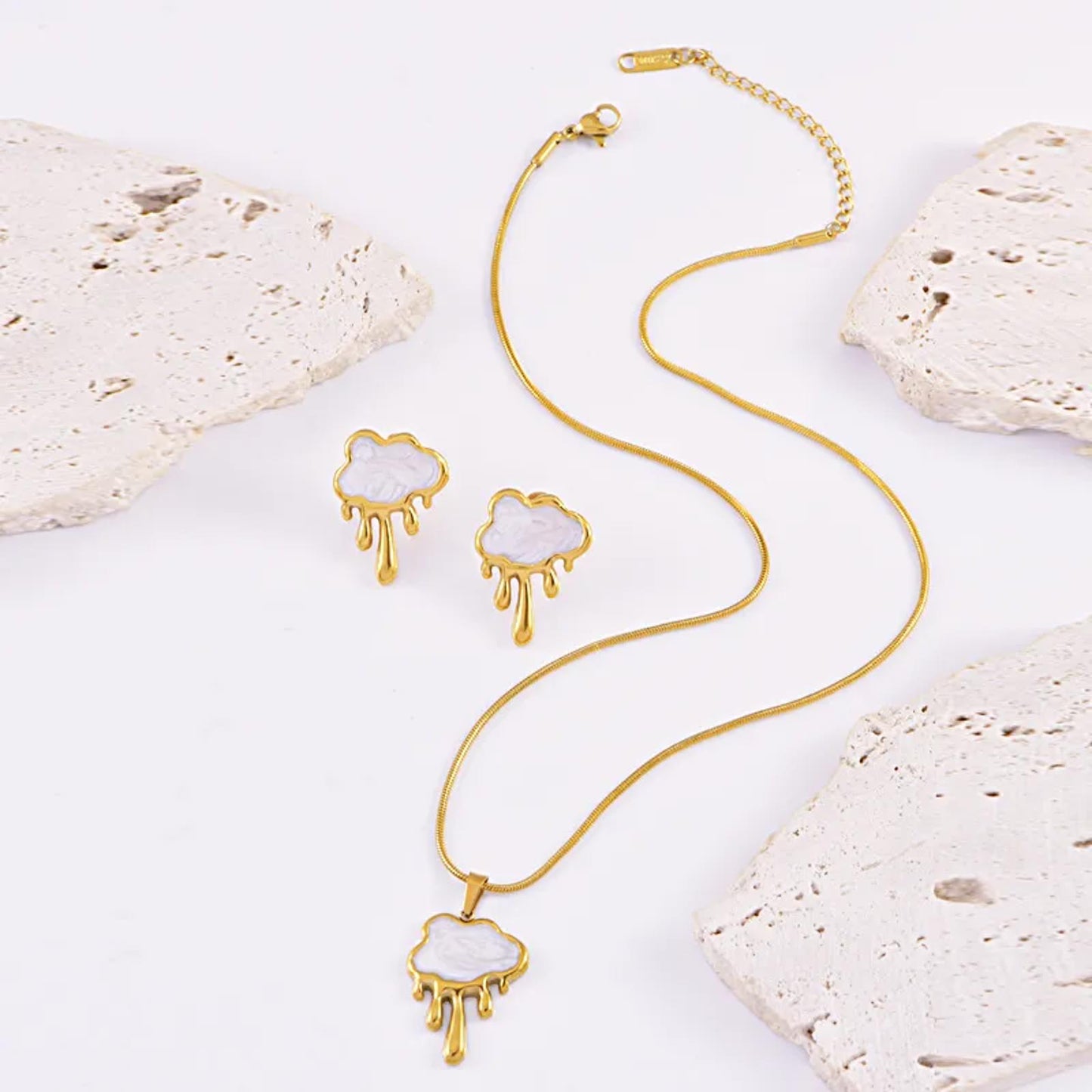 White drippy cloud - Necklace/Earring set - Gold - 18"