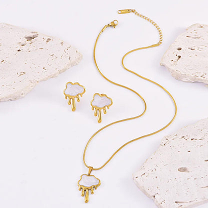 White drippy cloud - Necklace/Earring set - Gold - 18"