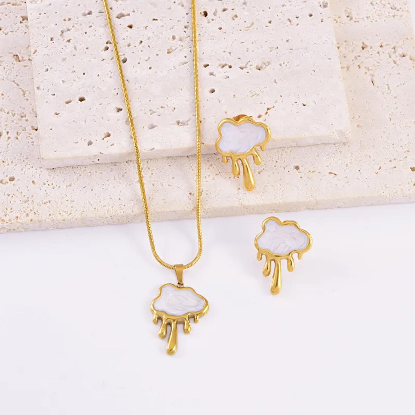 White drippy cloud - Necklace/Earring set - Gold - 18"