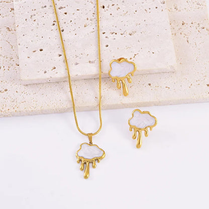White drippy cloud - Necklace/Earring set - Gold - 18"