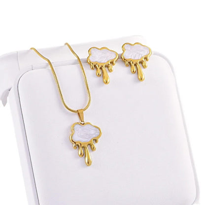 White drippy cloud - Necklace/Earring set - Gold - 18"