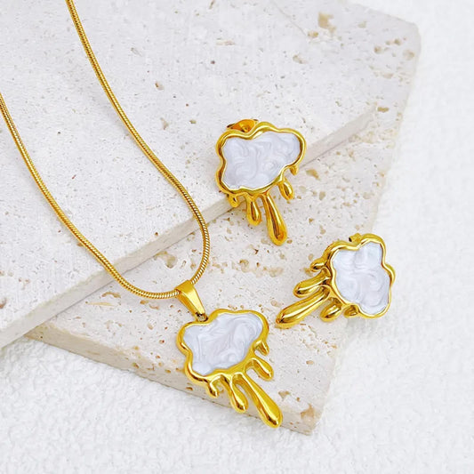 White drippy cloud - Necklace/Earring set - Gold - 18"