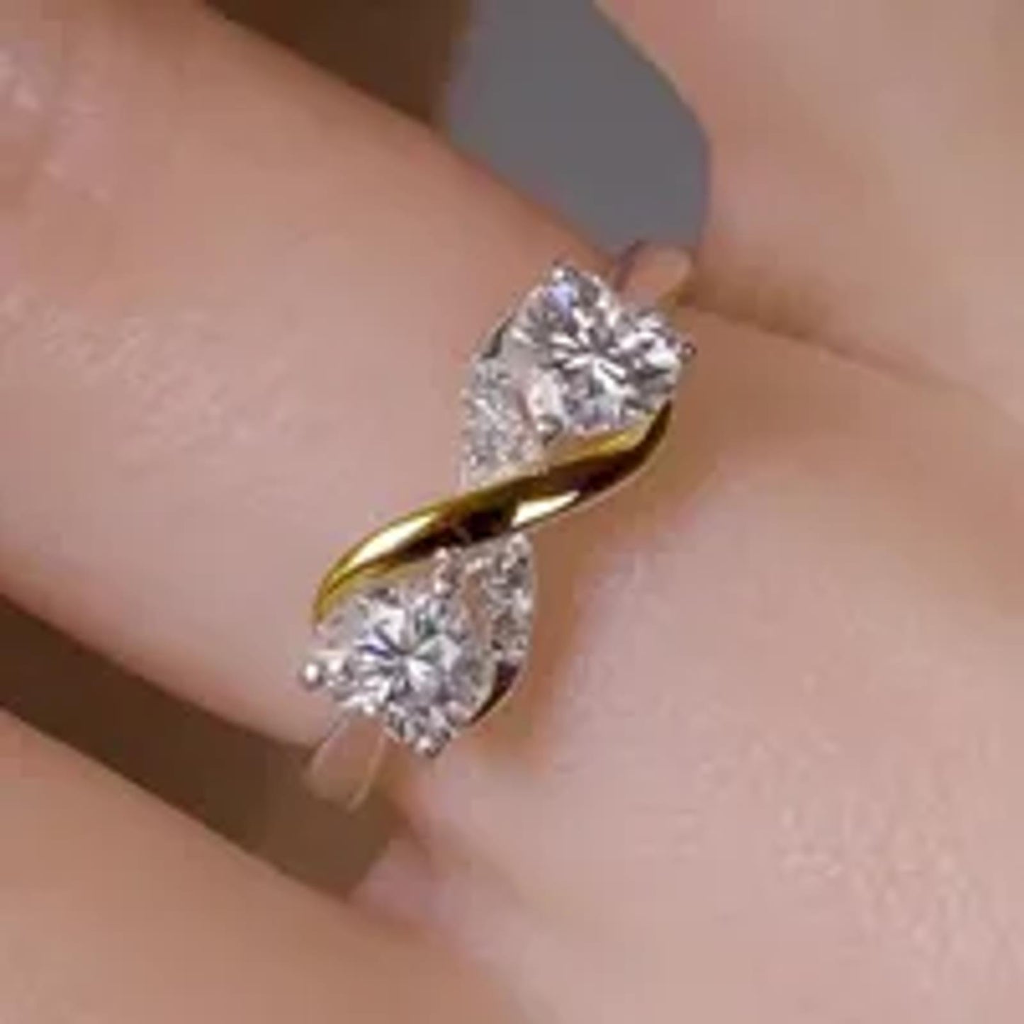 Two tone double heart - Ring - Silver - CZs - Size 6