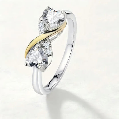 Two tone double heart - Ring - Silver - CZs - Size 8