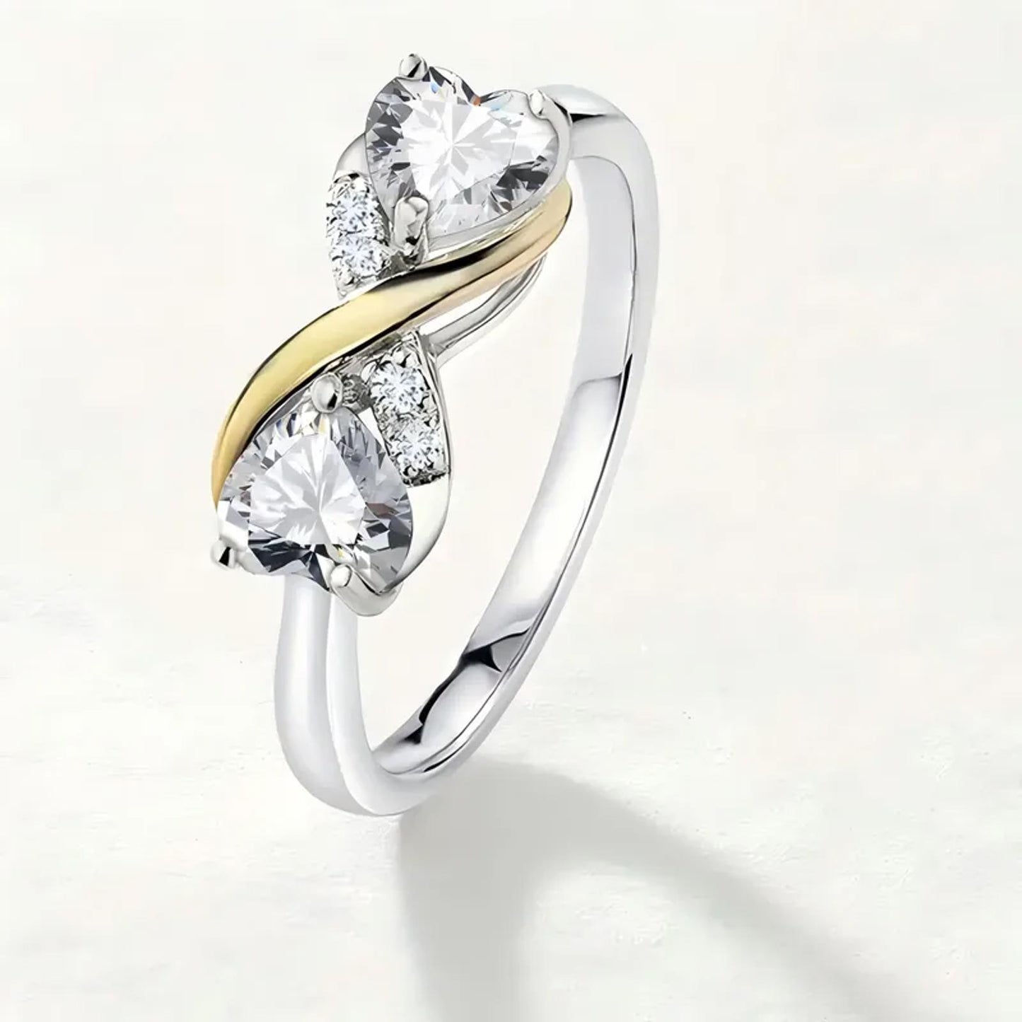 Two tone double heart - Ring - Silver - CZs - Size 7