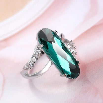 Green long oval - Ring - Silver - CZs - Size 10