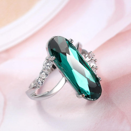 Green long oval - Ring - Silver - CZs - Size 10