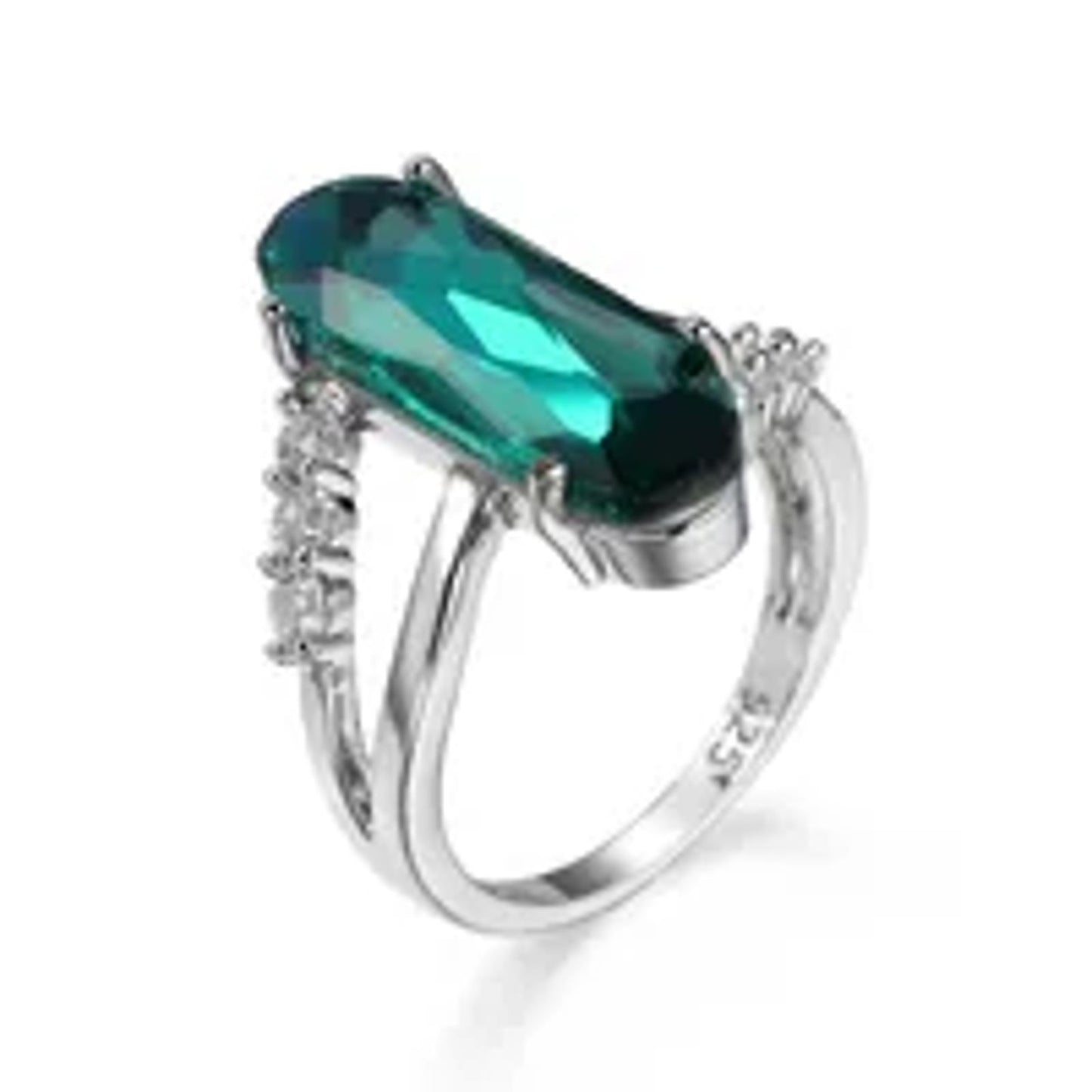 Green long oval - Ring - Silver - CZs - Size 10
