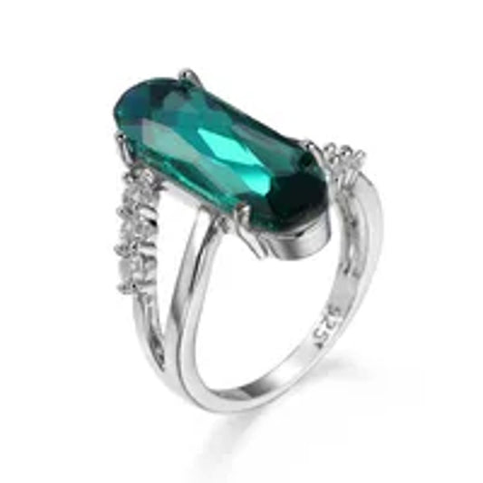 Green long oval - Ring - Silver - CZs - Size 10