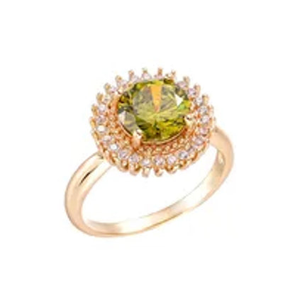 Olive green circle halo - Ring - Gold - CZs - Size 8