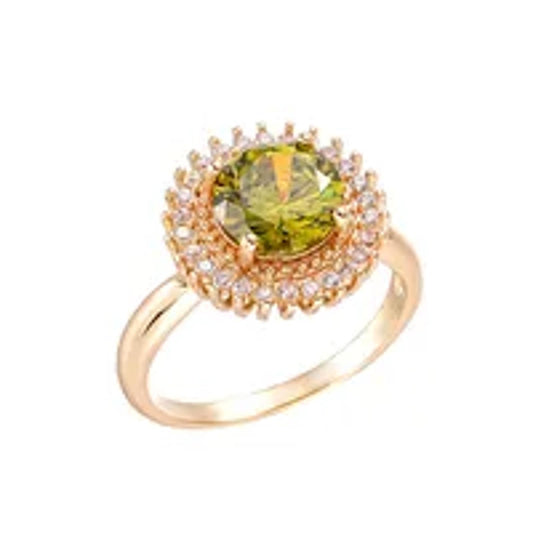 Olive green circle halo - Ring - Gold - CZs - Size 9