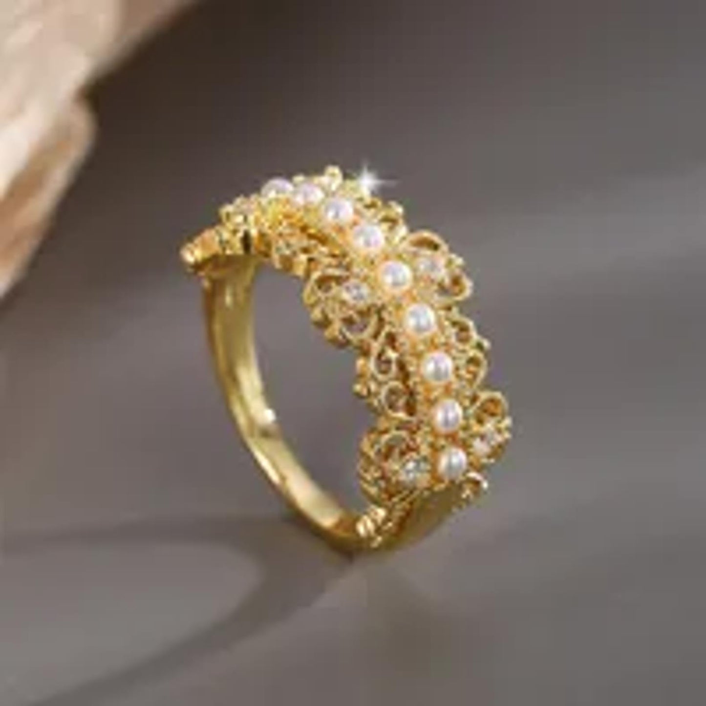 Filigree and pearl band - Ring - Gold - CZs - Size 6