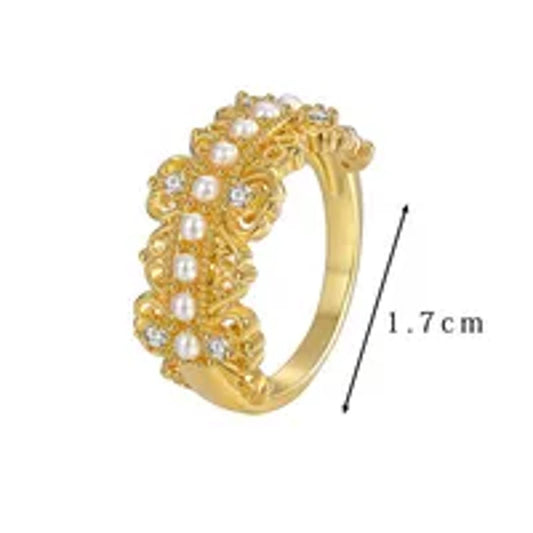 Filigree and pearl band - Ring - Gold - CZs - Size 7