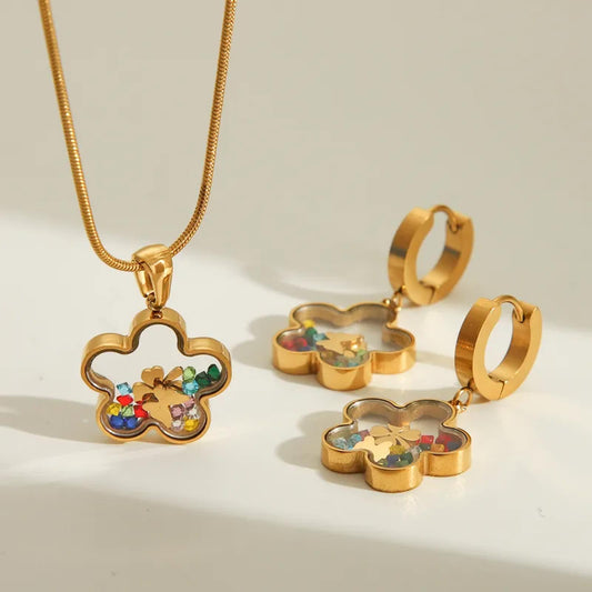 Lucky flower shake - Necklace/Earring set - Gold - CZs - 18"
