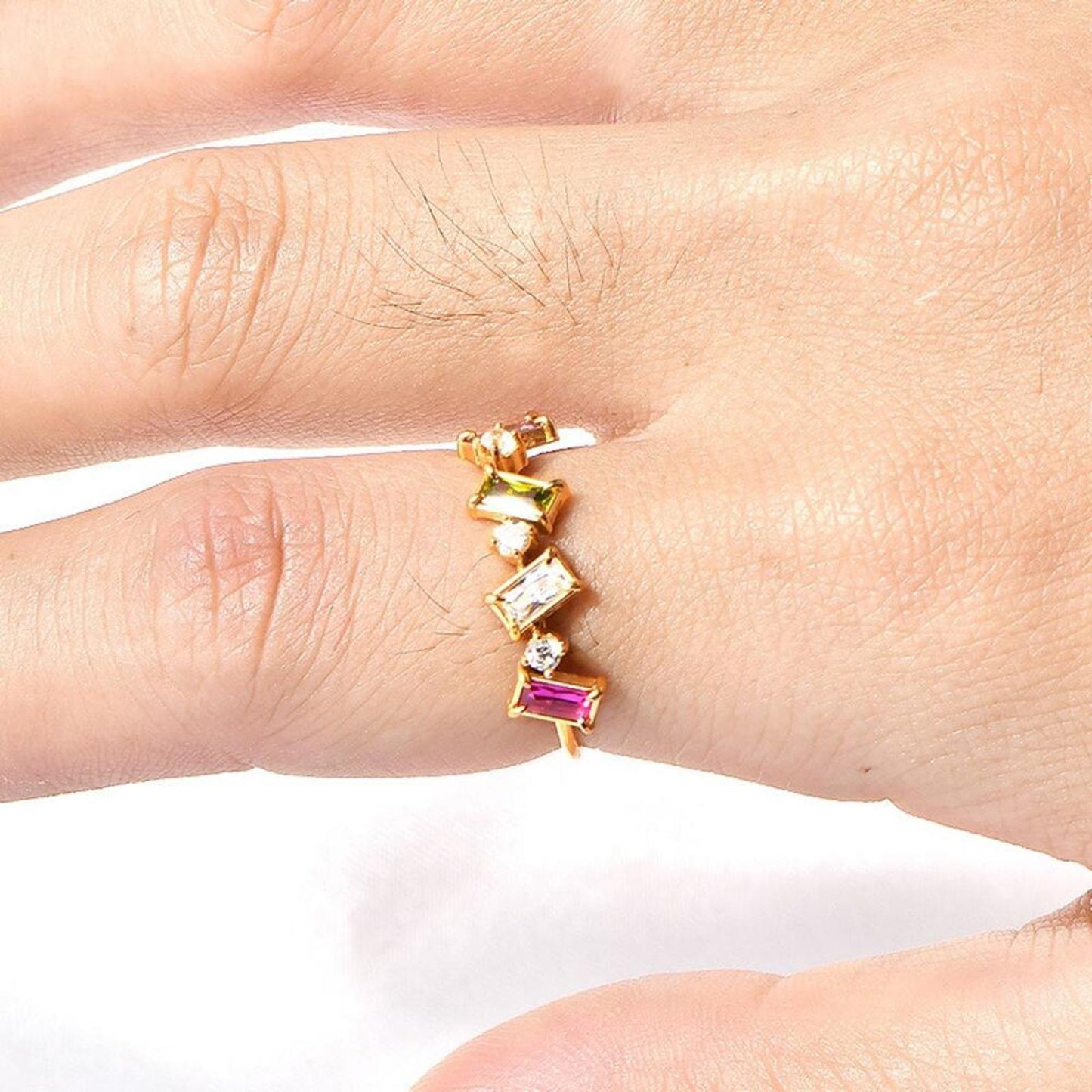 Multicolor rectangle ring - Gold - CZs - size 6