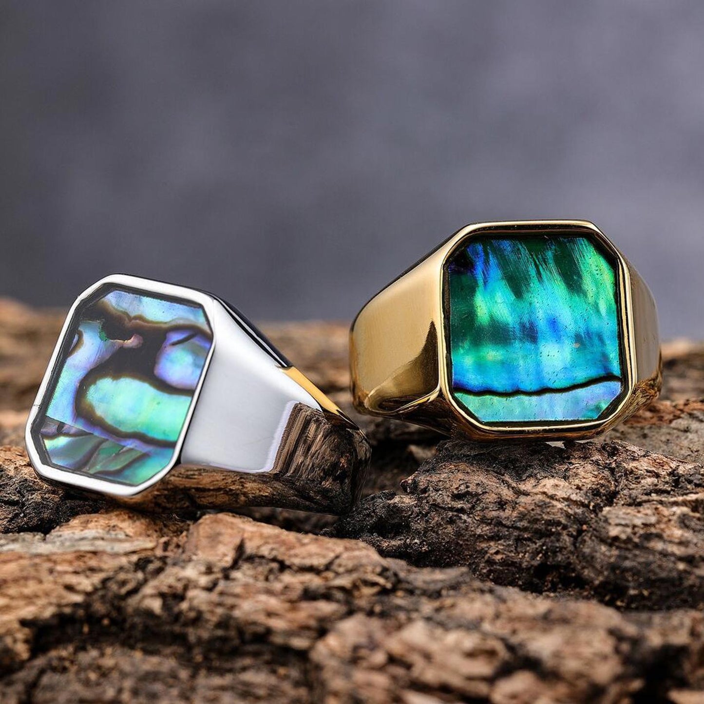 Blue and green abalone shell  RING - Silver - size 10