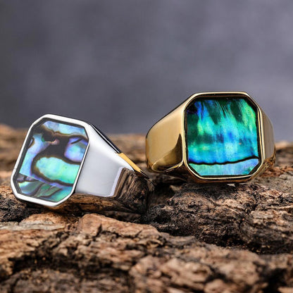 Blue and green abalone shell  RING - Silver - size 10